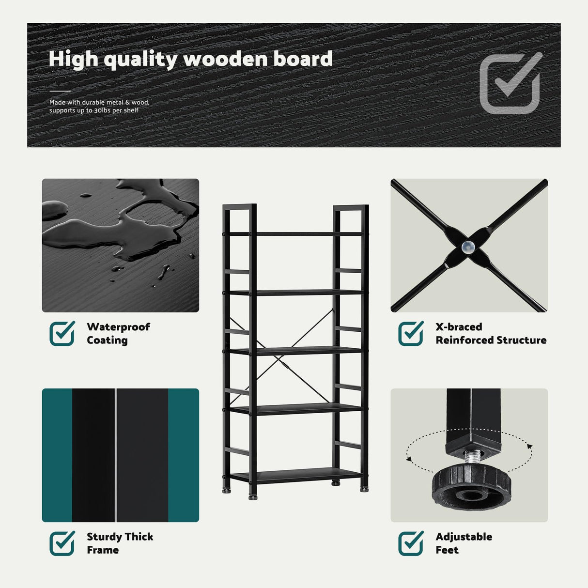 SMUG Book Shelf, 5 Tier Bookshelves Tall Modern Bookcase Shelf Organizer Storage Shelving Unit for Bedroom Living Room and Home Office Black SMUG