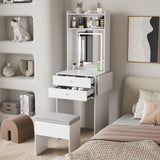 ARTETHYS Small Vanity Desk Set with 3 Adjustable Lighted Mirror and Storage Chair, Makeup Vanity Table for Small Space, White Dressing Table with Fold-up Panel for Bedroom ARTETHYS