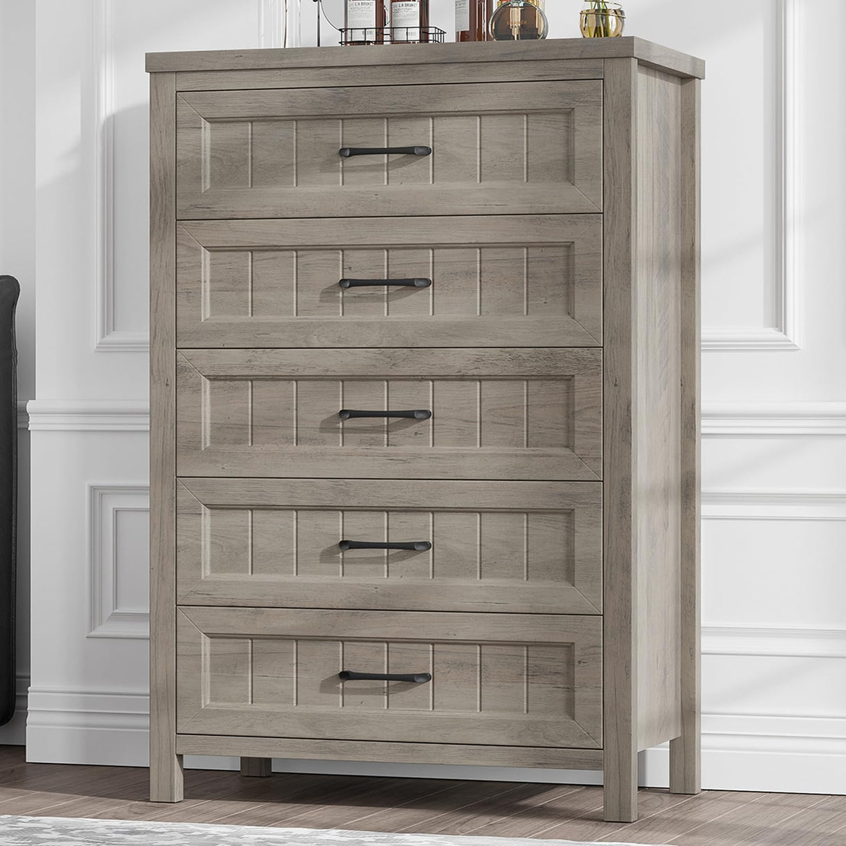 Jocoevol 5 Drawer Dresser for Bedroom, Farmhouse Dresser with Deep Drawers, Tall Grey Dresser Wooden Dresser Chest of Drawers for Living Room, Hallway, Entryway (Grey, 5 Drawer) Jocoevol