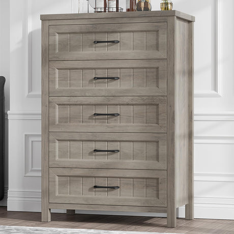 Jocoevol 5 Drawer Dresser for Bedroom, Farmhouse Dresser with Deep Drawers, Tall Grey Dresser Wooden Dresser Chest of Drawers for Living Room, Hallway, Entryway (Grey, 5 Drawer) Jocoevol