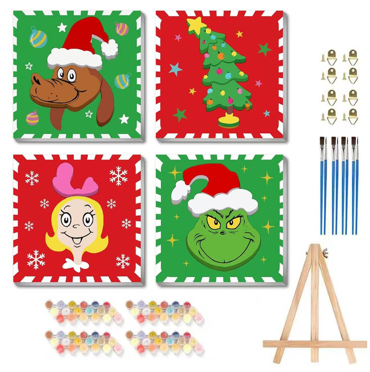 askkqtx 4 Pack Framed Paint by Numbers Kit for Kids - with Wooden Easel, Christmas Paint by Numbers Kit for Kids Ages 4-8-12, DIY Christmas Paint by Numbers with Frame for Home Wall Decor 8x8 Inch askkqtx