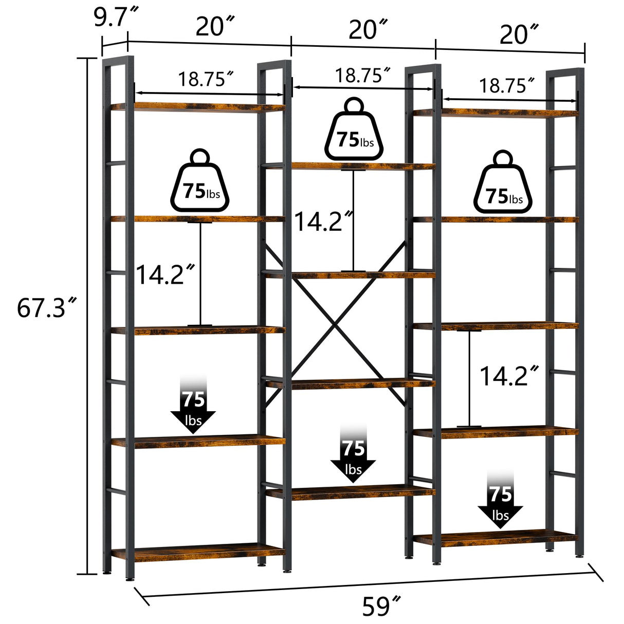 Shintenchi Triple 5 Tier Bookshelf, Industrial Large Bookcase with 14 Open Display Shelves, Large Etagere Bookshelf,Wide Book Shelf Book Case for Home & Office, Rustic Brown Shintenchi