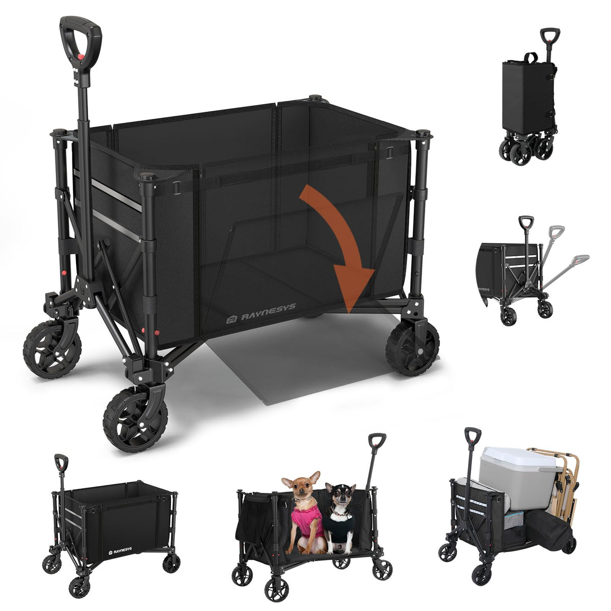 Raynesys 3 in 1 Collapsible Wagon Converts to Bench, 220lbs Foldable Wagon Cart with Wheels, 120L Shopping Cart for Groceries Folding Utility Wagon for Beach, Garden, Camping, Sport, Black Raynesys