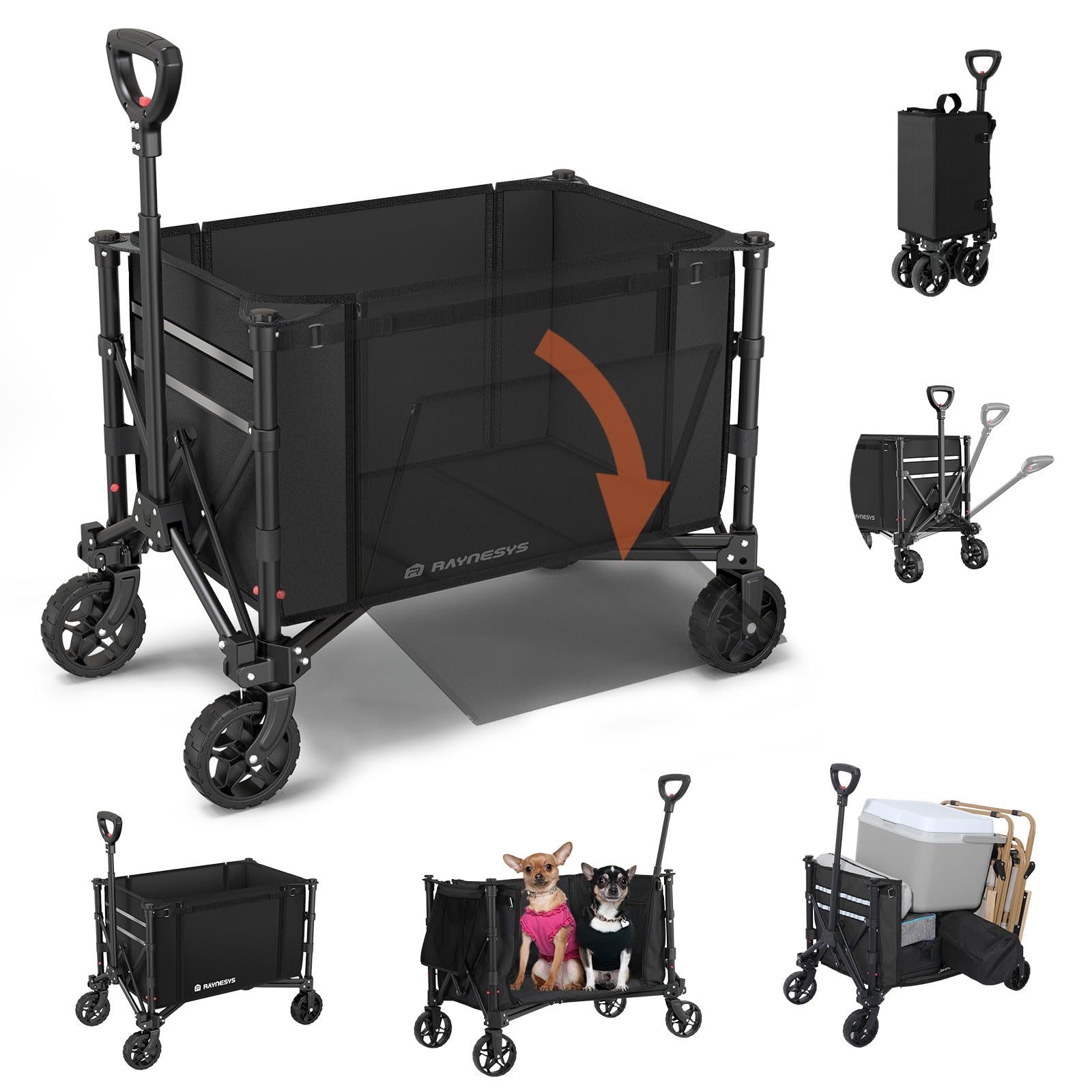 Raynesys 3 in 1 Collapsible Wagon Converts to Bench, 220lbs Foldable Wagon Cart with Wheels, 120L Shopping Cart for Groceries Folding Utility Wagon for Beach, Garden, Camping, Sport, Black - WoodArtSupply