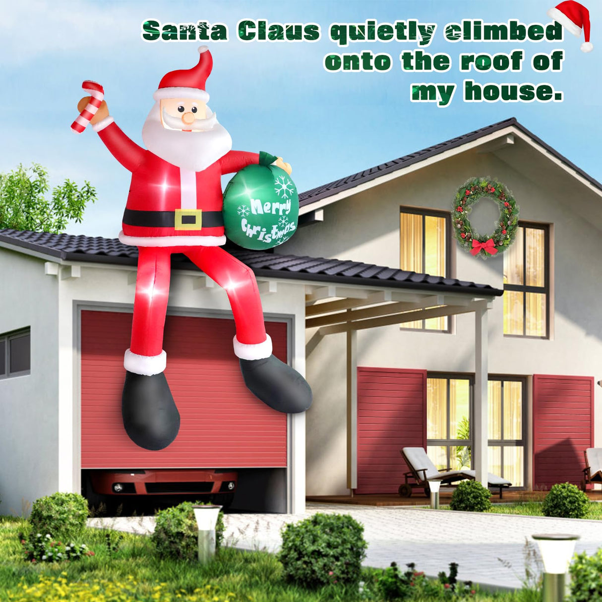 8FT Inflatable Sitting Santa Claus Christmas Outdoor Decorations, Blow Up Santa Claus with Gift Bag Sitting on Roof Wall Tree Chair, Xmas Outdoor/Indoor Decorations for Street House Patio Bench Shrubs FunFanso