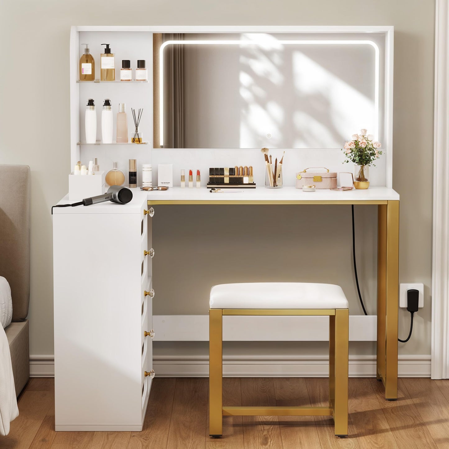 YITAHOME Vanity Desk Set- L Makeup Vanity with Mirror and Lights 3 Lighting Modes, 48" Large Dressing Table with 5 Tempered Glass Drawers with Open Storage Shelves Vanity Table, White