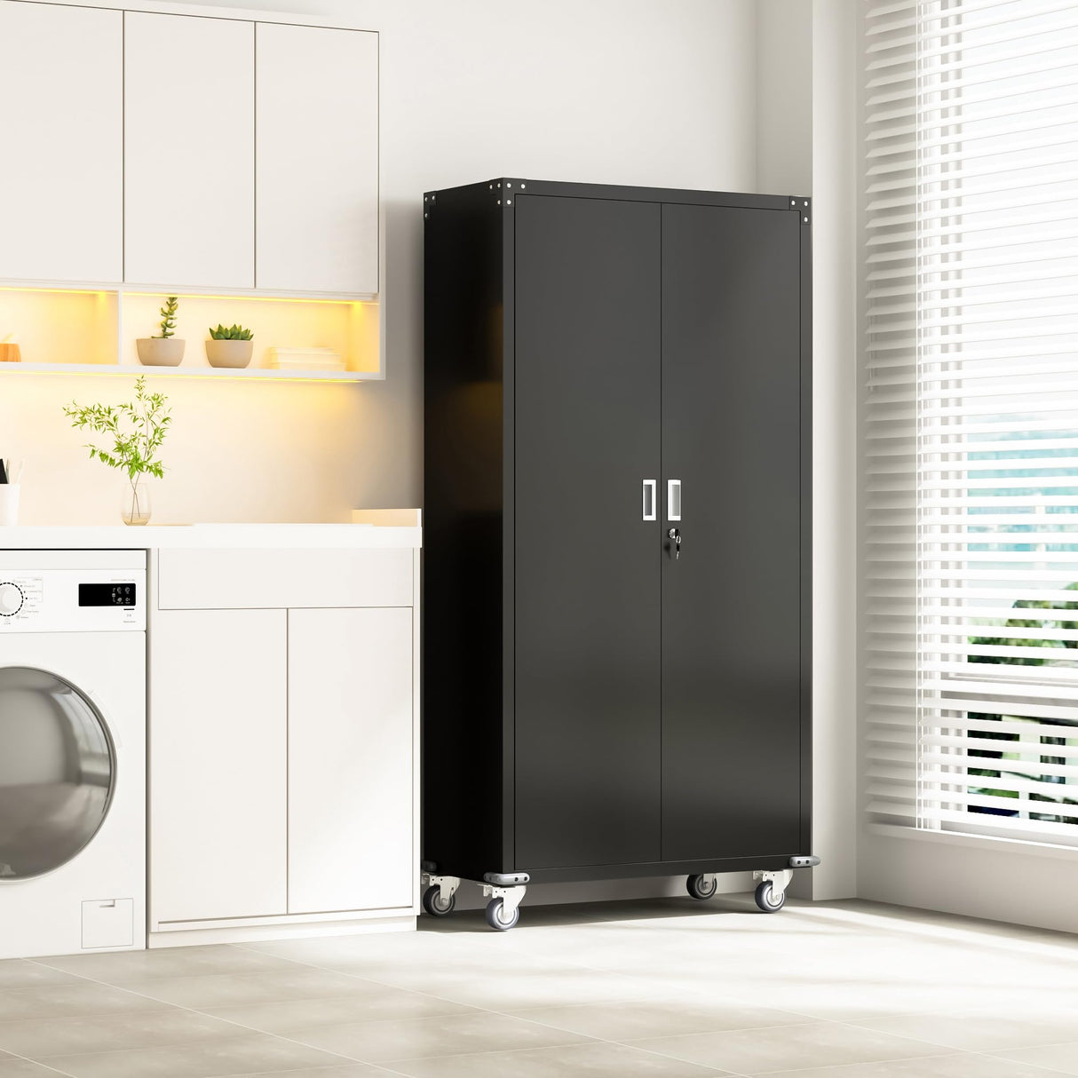 Waqiv 71''H Black Metal Garage Storage Cabinet with Wheels, Lockable Tool Cabinet with Doors and 4 Adjustable Shelves,Tall Metal Cabinets with 2 Pegboards for Garage Storage Systems, Assembly Required Waqiv