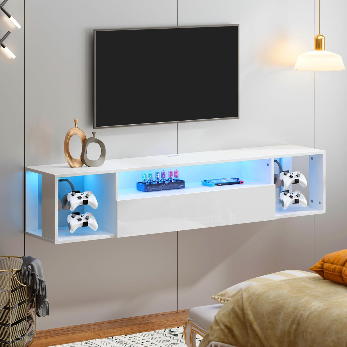 DlandHome Floating TV Stand with LED Lights,Wall Mounted TV Shelf with Led Lights, 55.1" Modern Entertainment Center Media Console with Storage,White DlandHome