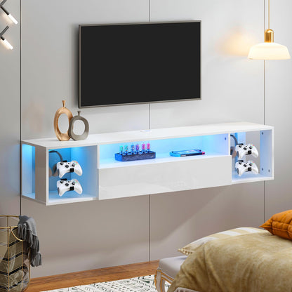 DlandHome Floating TV Stand with LED Lights,Wall Mounted TV Shelf with Led Lights, 55.1" Modern Entertainment Center Media Console with Storage,White