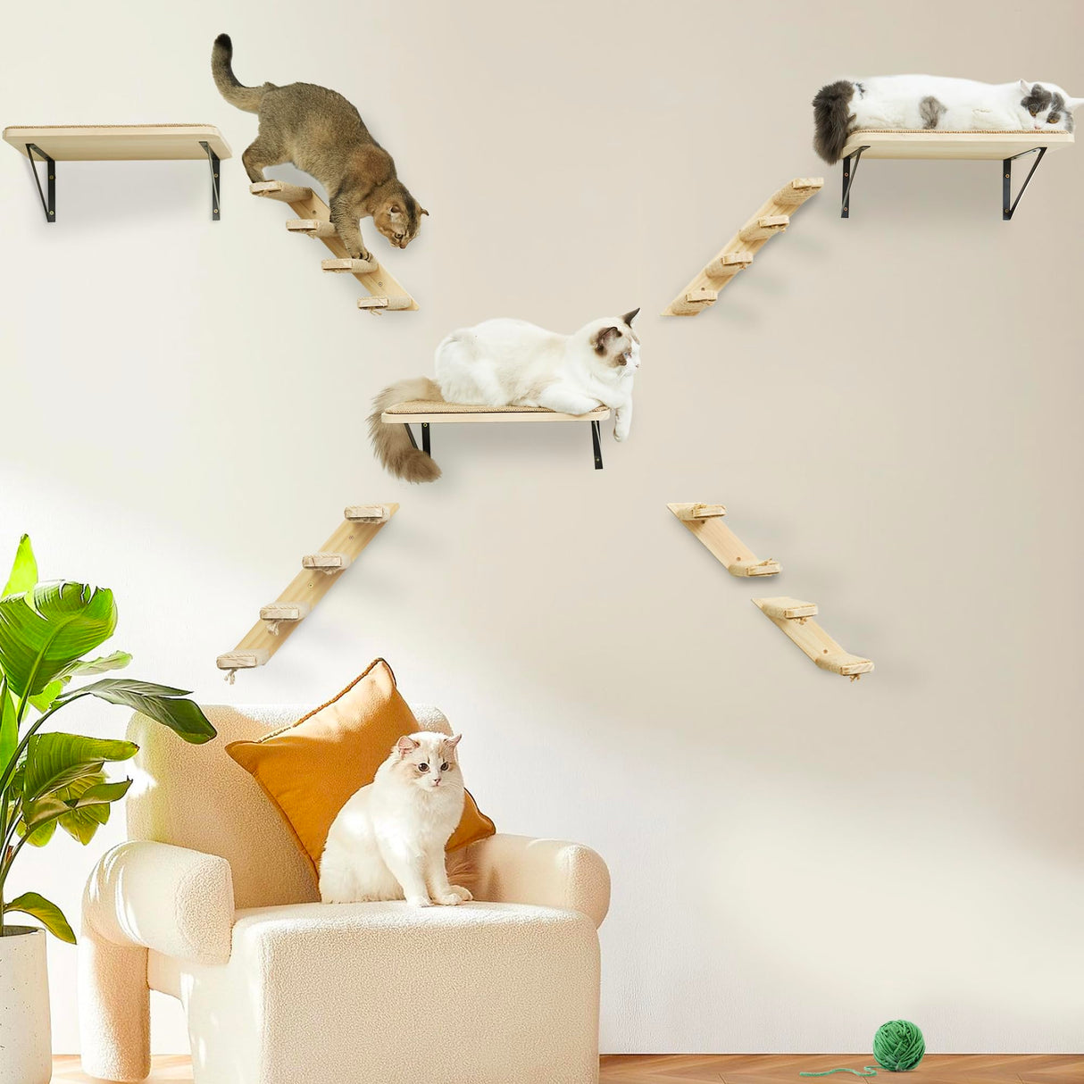 PELUOMOZ Cat Climbing Shelves Wall Mounted 2PCS Four Steps Reversible Left & Right Direction, Cat Shelf Stairway for Wall with Jute Scratching Ladder Shelves Pet Furniture for Perch Sleeping PELUOMOZ