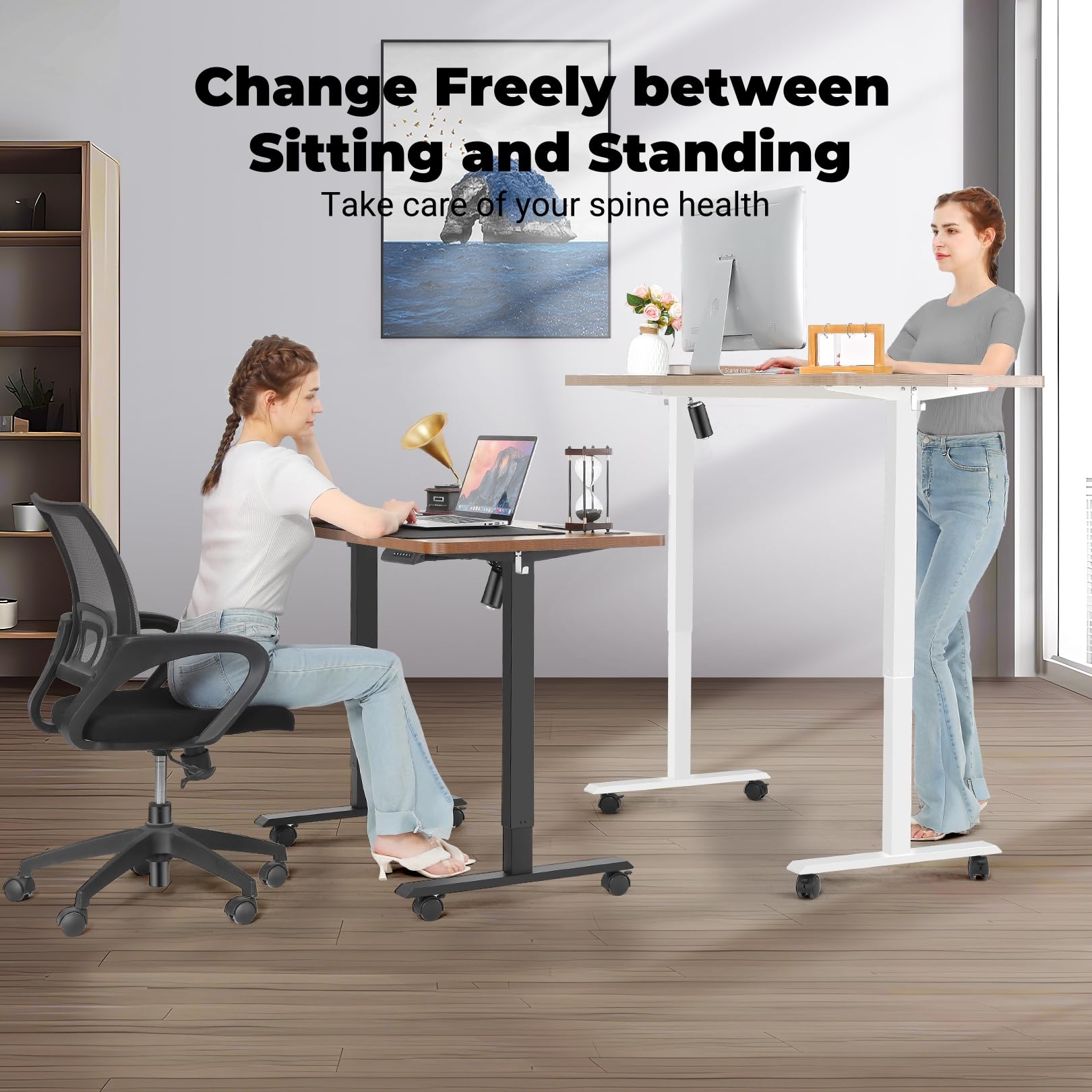 KORGOL Electric Standing Desk 55 x 24 Inches Adjustable Height Sit Stand Up Desk for Home Office Computer Workstation with 2 USB Ports 3 AC Power Outlets Memory Preset and Wheels, White - WoodArtSupply