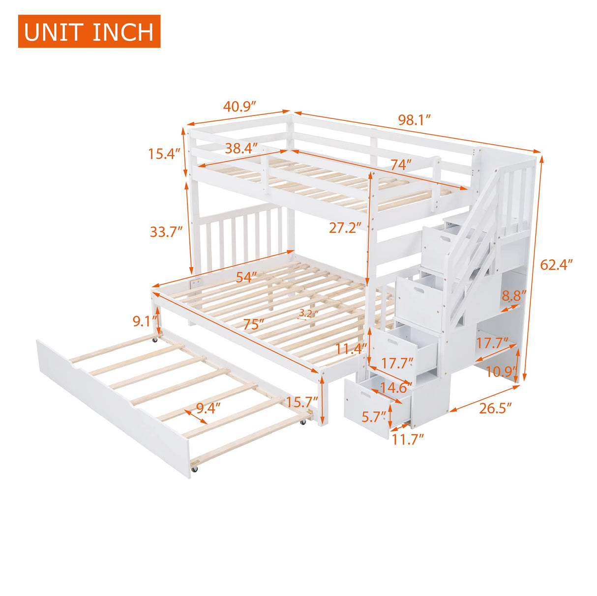 Twin over Full Bunk Bed with Trundle, Wood Bunk Bed with Storage Cabinet and Drawers, Convertible Bunk Beds Twin over Full Size Split into 3 Beds for Kids, Teens, Adults, Noise-reduced, White Harper & Bright Designs