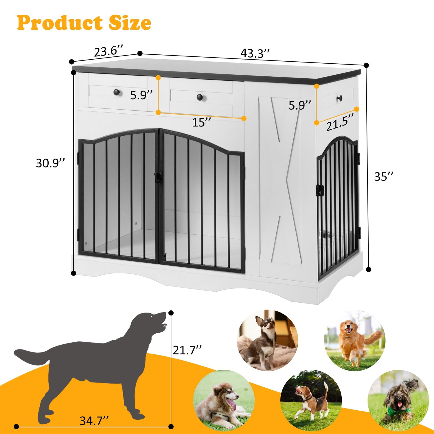 43.3" Farmhouse Dog Crate Furniture - Heavy Duty Indoor Wooden Kennel with 3 Drawers, Removable Feeder & End Table Design for Medium/Large Dogs (Black&White) MoBtovs