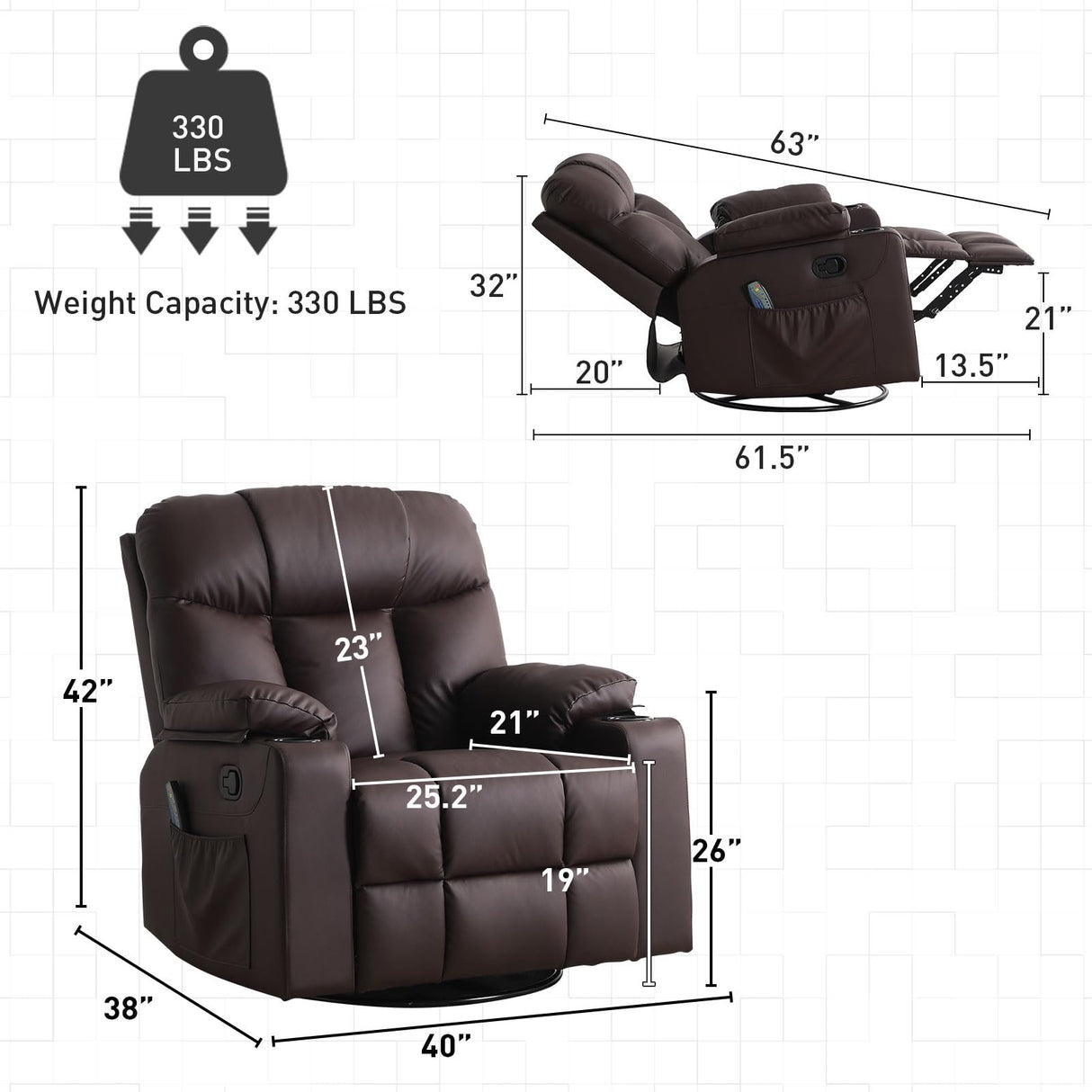 Bonzy Home Swivel Rocker Recliner with Heating and Massage, 40" Manual Rocker Recliner Chair, PU Leather Single Sofa with 2 Cup Holders for Living Room Bedroom, Brown Bonzy Home