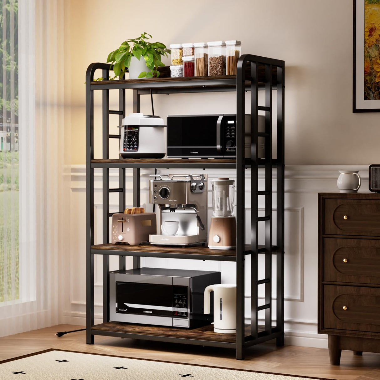 TIFFLOI 4-Tier Rustic Brown Bakers Rack, Black Frame, Top Power Outlet, 70lbs/Shelf, 2 Adjustable Shelves, Small Kitchen & Coffee Bar TIFFLOI