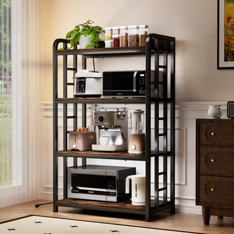 TIFFLOI 4-Tier Rustic Brown Bakers Rack, Black Frame, Top Power Outlet, 70lbs/Shelf, 2 Adjustable Shelves, Small Kitchen & Coffee Bar TIFFLOI