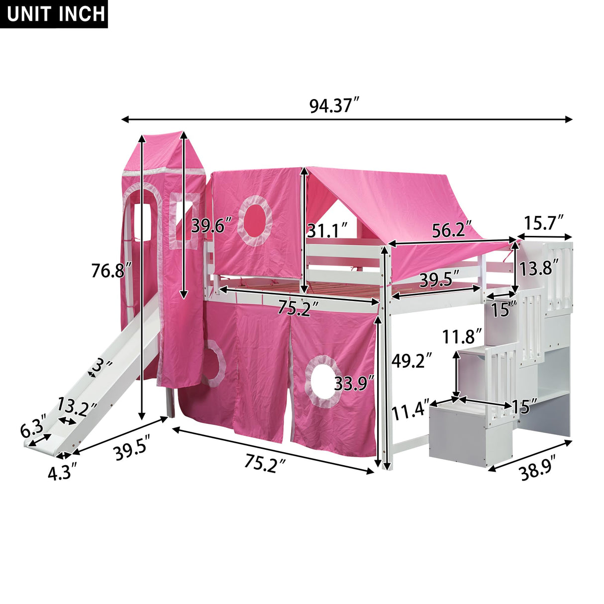 Merax Low Loft Bed Full Size with Slide and Storage Stairs, Wood Loft Bed with Tent & Tower, for Boys & Girls, Pink Merax