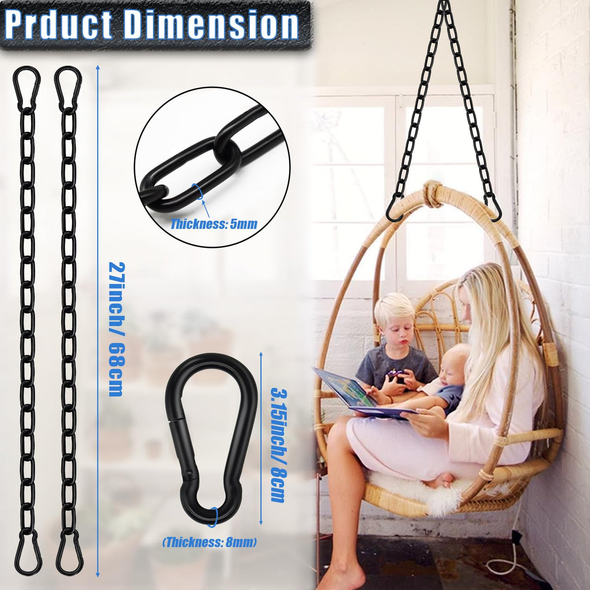 Gelury Hanging Swing Chain 25.6In, 2 Pack Heavy Duty 1000LB Capacity, Hammock Extender Kit With 4 Carabiners for Punching Bags, Swing Chairs (2Pack, Black) Gelury