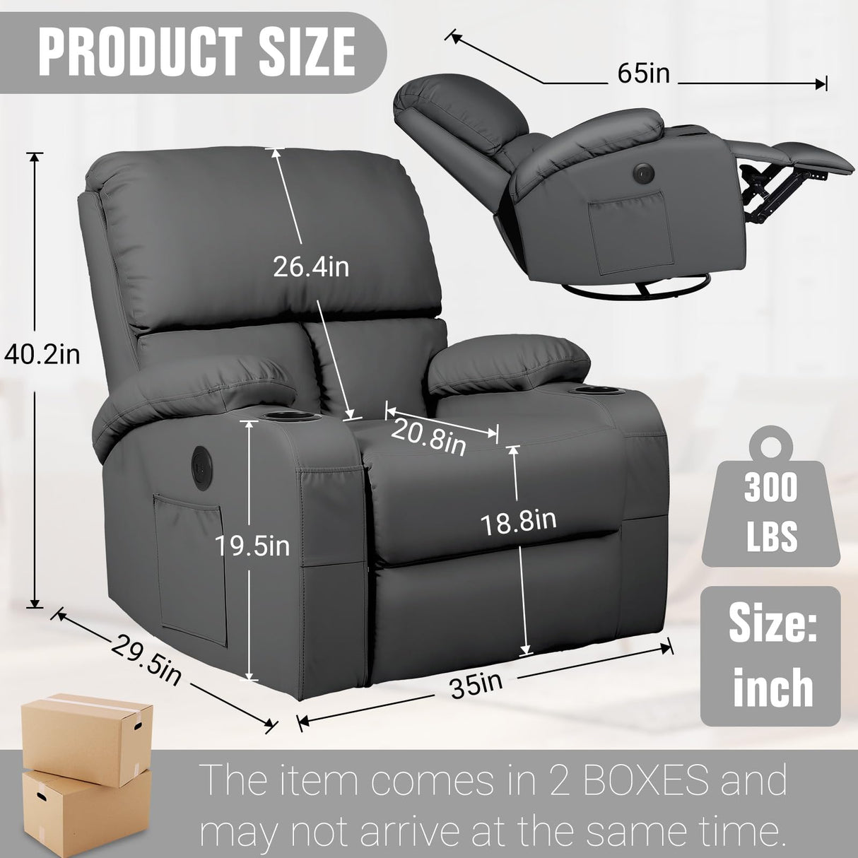 LAFWELL Rocking Recliner Chair, Massage Rocker Recliner Chair with Vibration Massage and Heat, USB and Type-C Ports,360° Swivel Faux Leather Chairs, Living Room, Bedroom, Nursery, RV, Dark Grey LAFWELL