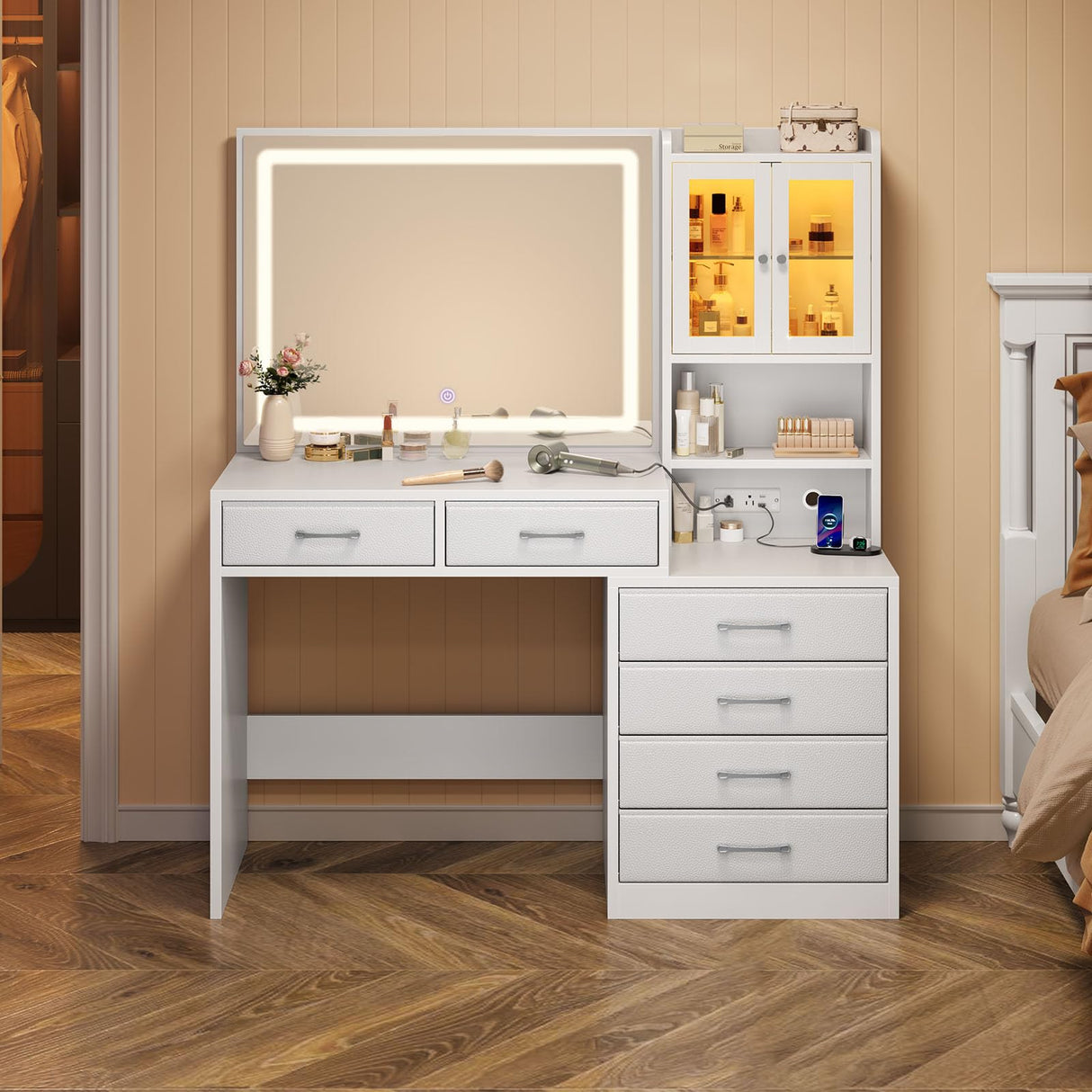Rolanstar Vanity Desk with Lighted Mirror & Power Outlet, Makeup Vanity with RGB Storage Cabinet, 6 Fabric Drawers & 3 Shelves, 3 Color Modes Dressing Table for Bedroom, Girls, Women, White Rolanstar