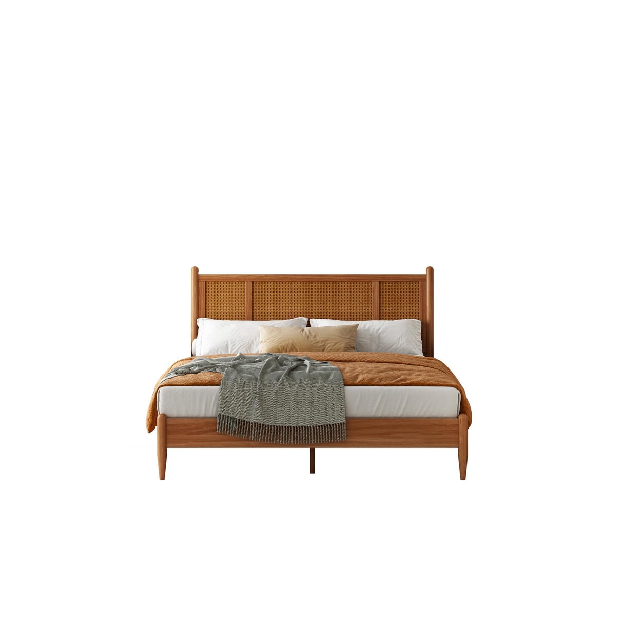 MUSEHOMEINC Wooden Full Size Bed Frame with Natural Rattan Headboard Bohemian Mid Century Modern Style Solid Wood Slat Support Full Platform Bed No Box Spring Needed - Easy Assembly (Full) MUSEHOMEINC
