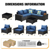 JOYURE 6 Pieces Patio Furniture Set All-Weather Outdoor Wicker Sectional Conversation Sofa Rattan Patio Seating Sofa with Cushion and Glass Table for Porch Poolside,Navy JOYURE