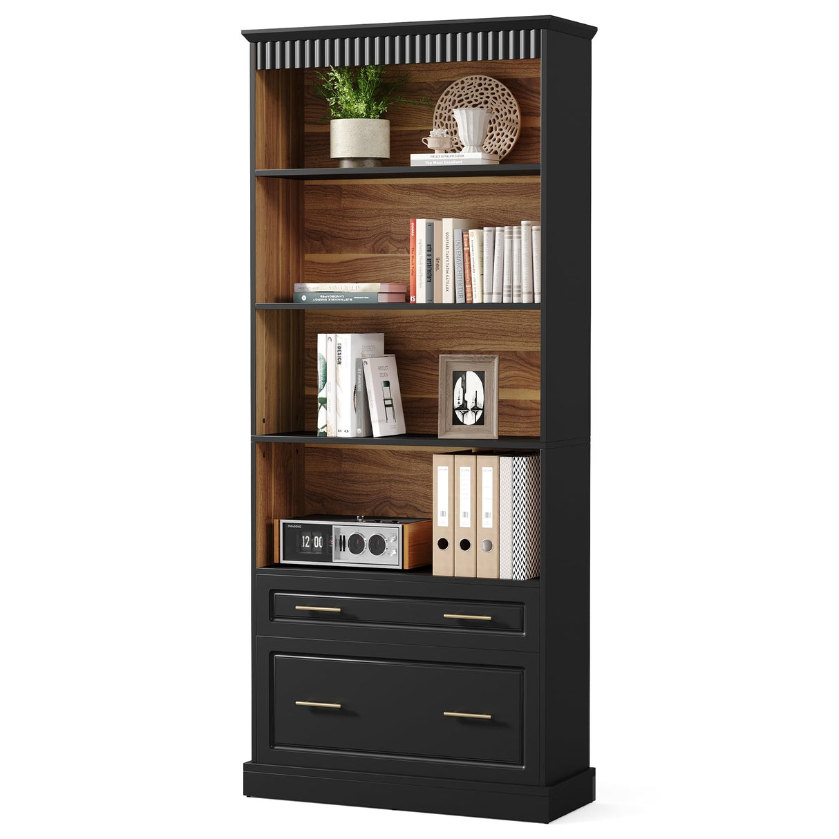 LITTLE TREE 72" Tall Black Bookcase, 5-Tier Office Bookself with File Cabinet Drawers,Modern Floor Standing Storage Filing Cabinet Book Shelf for Living Room,Bedroom LITTLE TREE