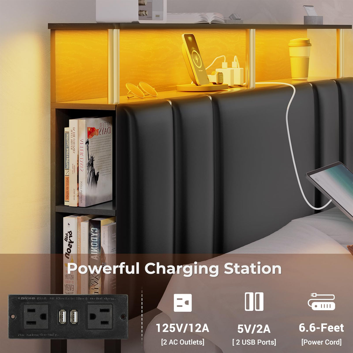 Modern VIAGDO Queen Bed Frame with Bookcase Headboard, LED Lights, Charging Station & Storage Drawers - Black VIAGDO