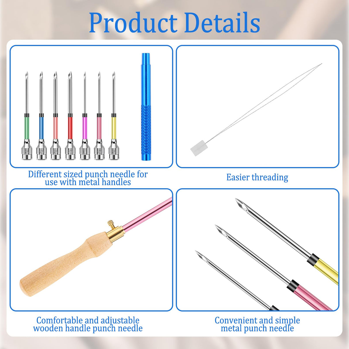 COMNICO 10 Pcs Punch Needle Kit, Punch Embroidery Kit Adjustable Punch Needle Tool with 7 Sizes Needle Heads Sewing Art Needle Tool Wooden Handle Embroidery Pen for Flossing Cross Stitch DIY Craft COMNICO