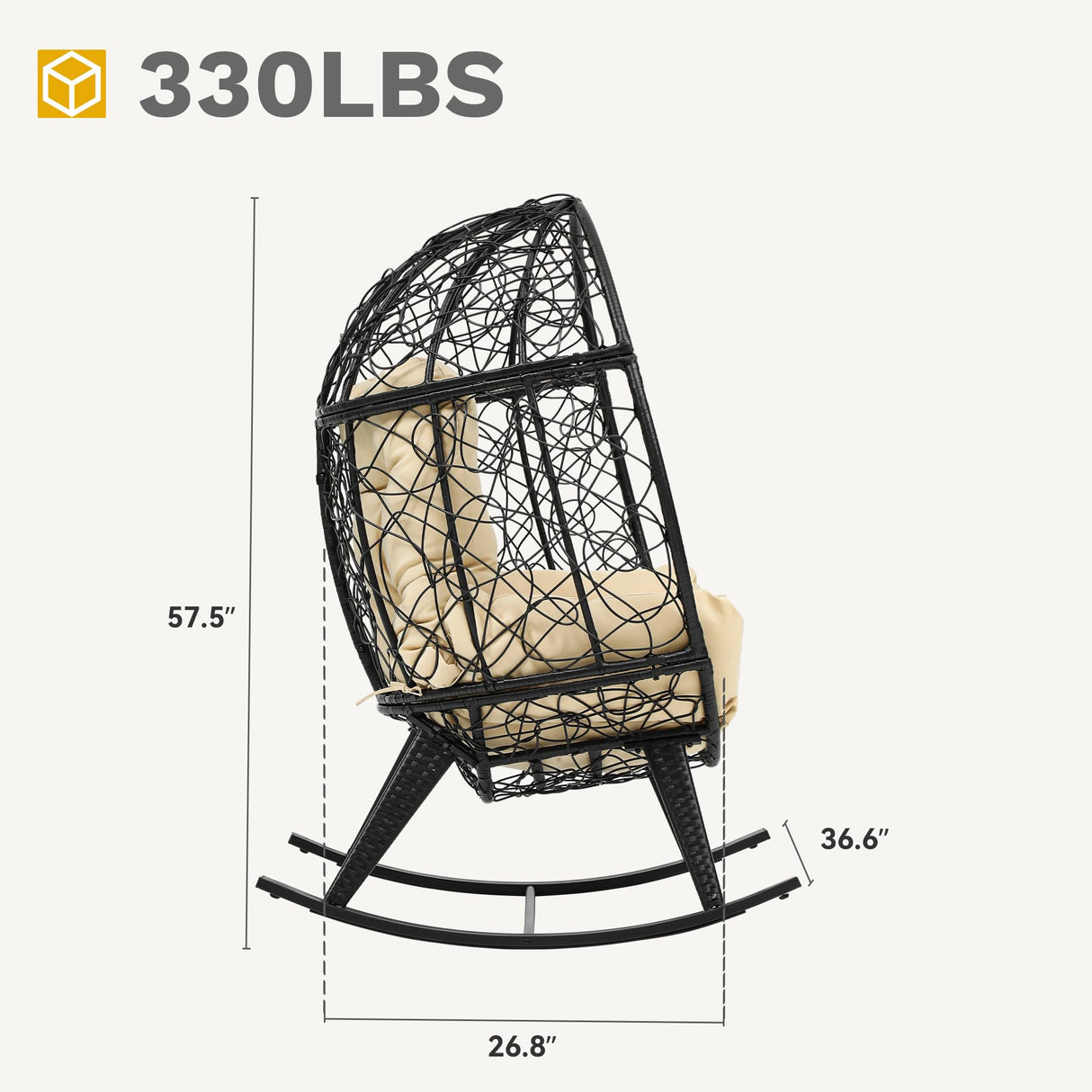 DWVO Wicker Rocking Egg Chair, Oversized Indoor Outdoor Rattan Rocking Chair, Indoor Outdoor Lounger for Patio, Backyard, Living Room, Black & Beige DWVO