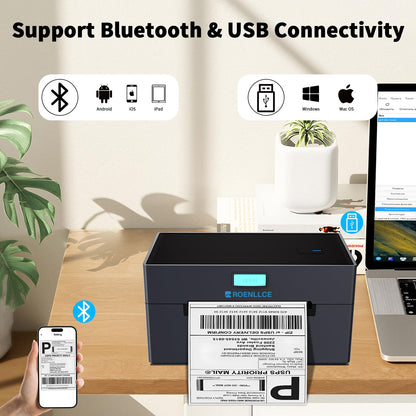 Roenllce Bluetooth Thermal Shipping Label Printer, 4x6 Label Printer for Small Business for Shipping Packages, Support Windows, Mac, iOS, Android, Used for Amazon, Ebay, Shopify, Etsy, UPS, USPS