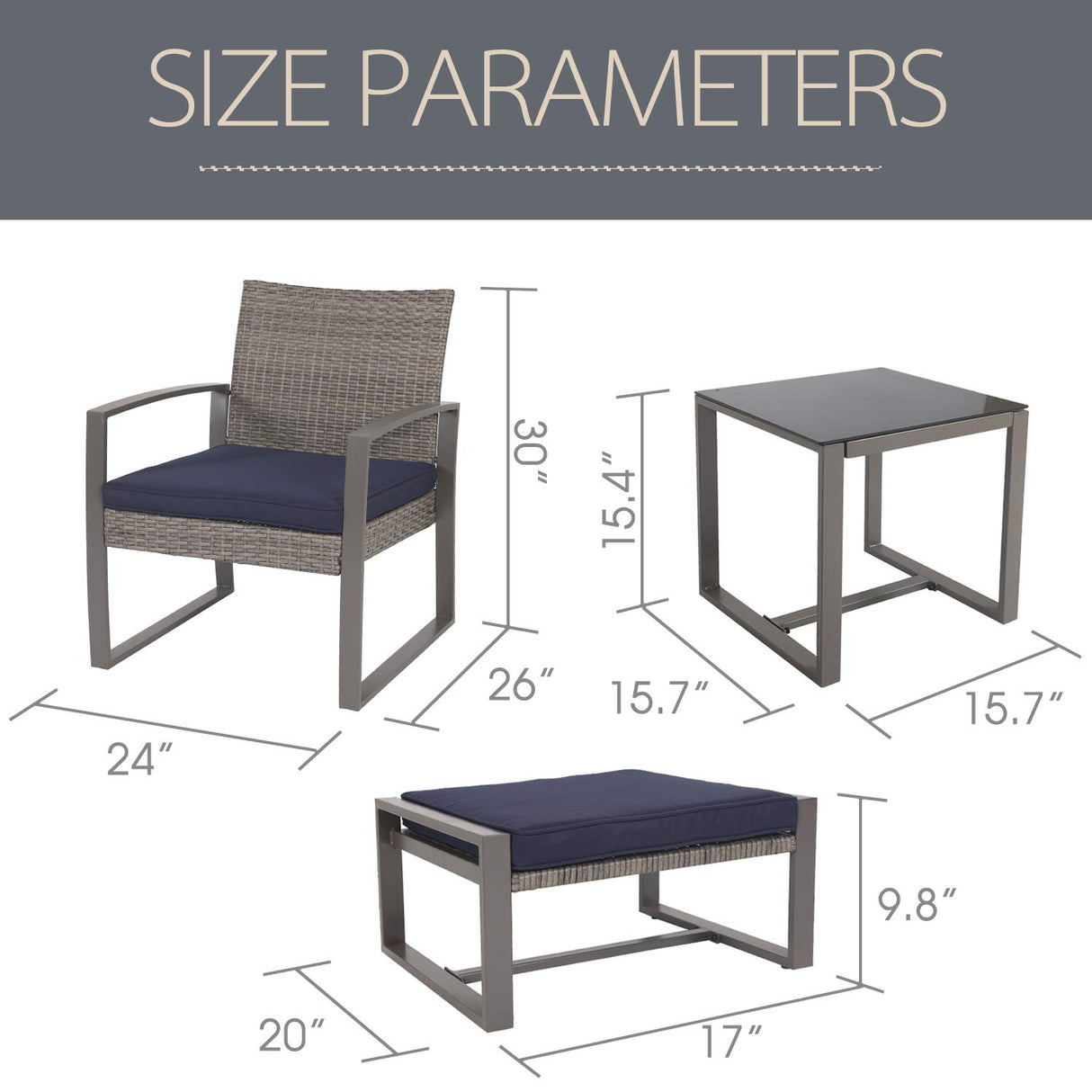 LOKATSE HOME 5-Piece Wicker Outdoor Conversation Set Patio Furniture PE Rattan All Weather Cushioned Chairs Balcony Porch with Ottoman and Glass Coffee Side Table, Blue LOKATSE HOME