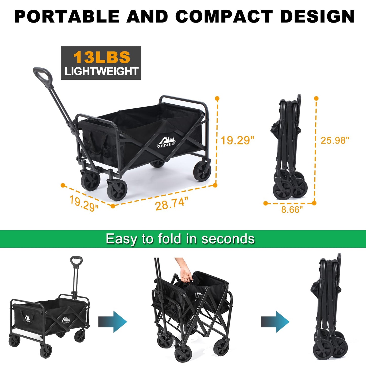 KOMSURF Foldable Utility Wagons Heavy Duty Folding Grocery Cart on Wheels, 200 lbs Capacity with Side Pockets for Garden, Shopping, Sporting and Beach Outdoor Use