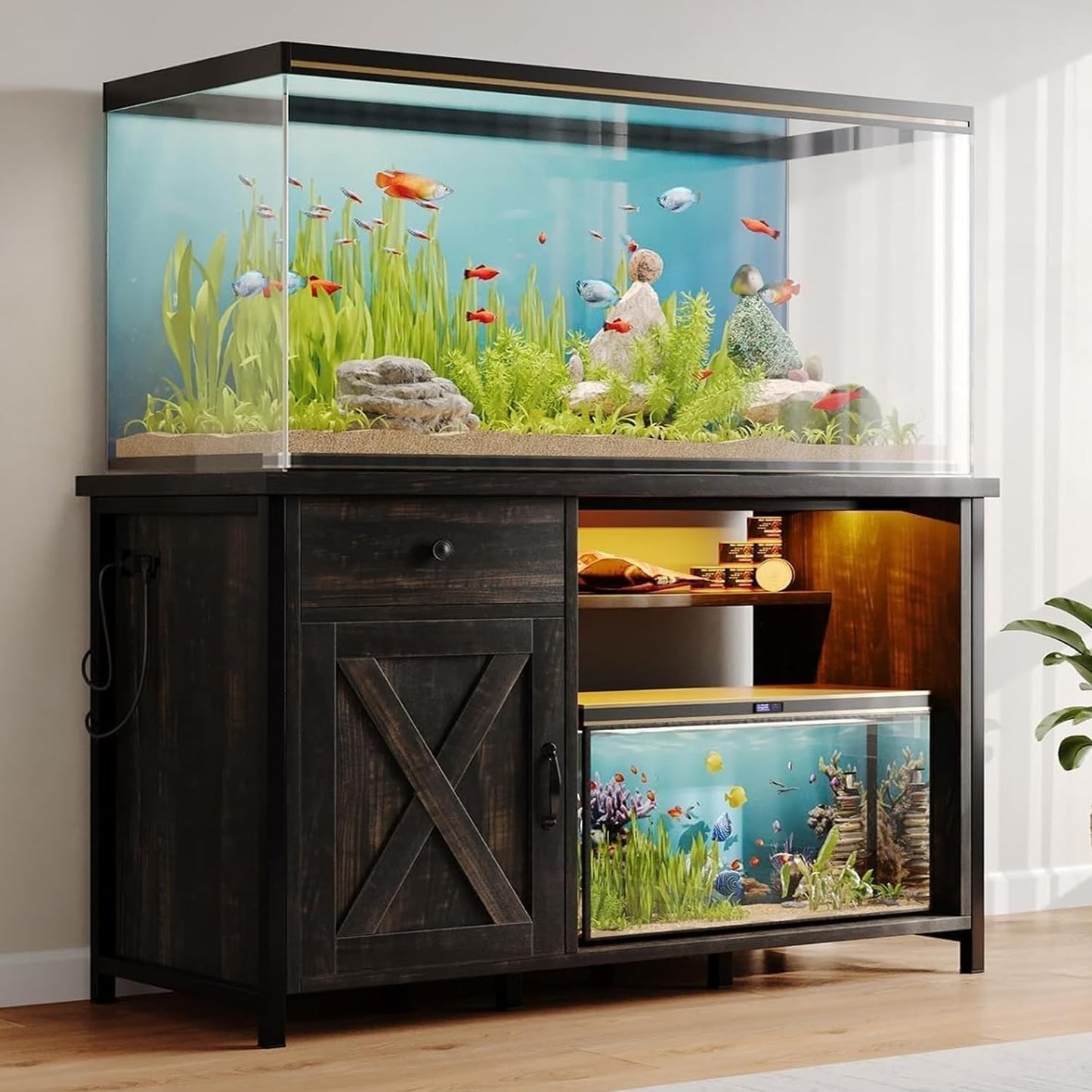 4ever2buy 55-75 Gallon Aquarium Stand with Power Outlets & LED Light, Metal Frame Fish Tank Stand with Drawer & Barn Door, Turtle Reptile Terrariums Stand with Fish Tank Accessories Storage, Dark Oak