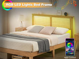 GarveeHome Rattan Bed Frame Queen, Natural Rattan Headboard Queen Bed Frame with Led Lights, Noise-Free Platform Bed Frame with Wooden Support Legs and Slats, Easy Assembly, No Box Spring Needed GarveeHome