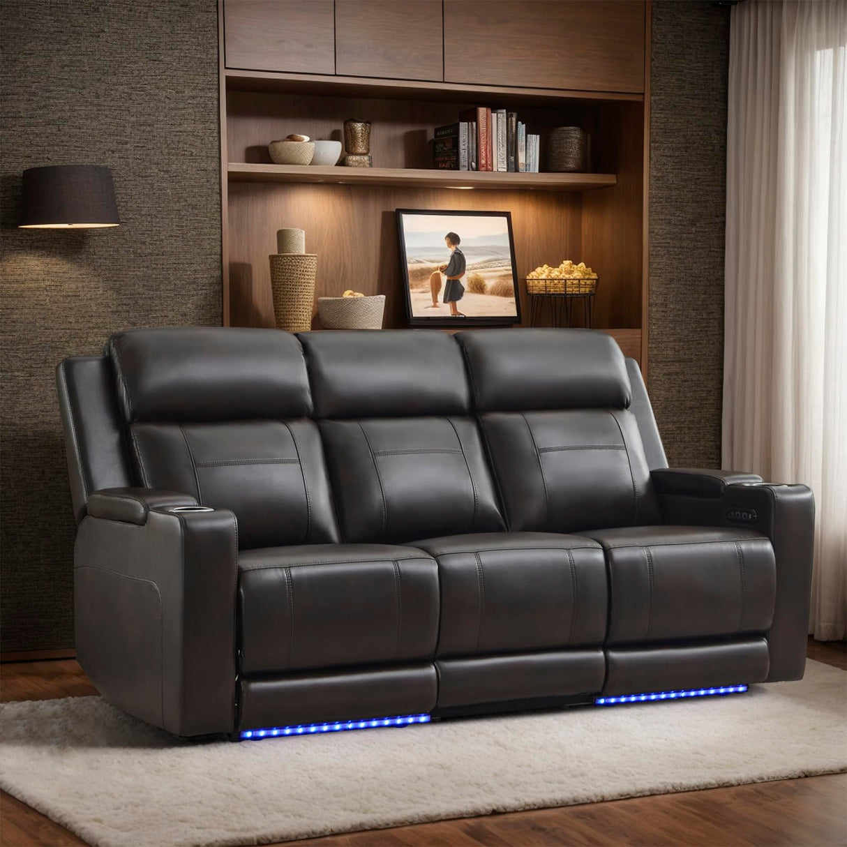 Neptane Power Reclining Sofa with Adjustable Headrest, Home Theater Seating with LED Light/Armrest Storage/Outlet/Side Pocket/Type-C USB, Power Loveseat Recliner Sofa for Home Theater Neptane