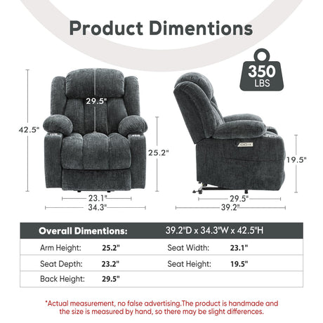 ABCASA Large Power Lift Chairs Recliners for Elderly with Heat ＆ Massage, Upgraded Chenille Recliners, USB-A ＆ C, Cup Holder, Side Pocket, Grey Blue ABCASA