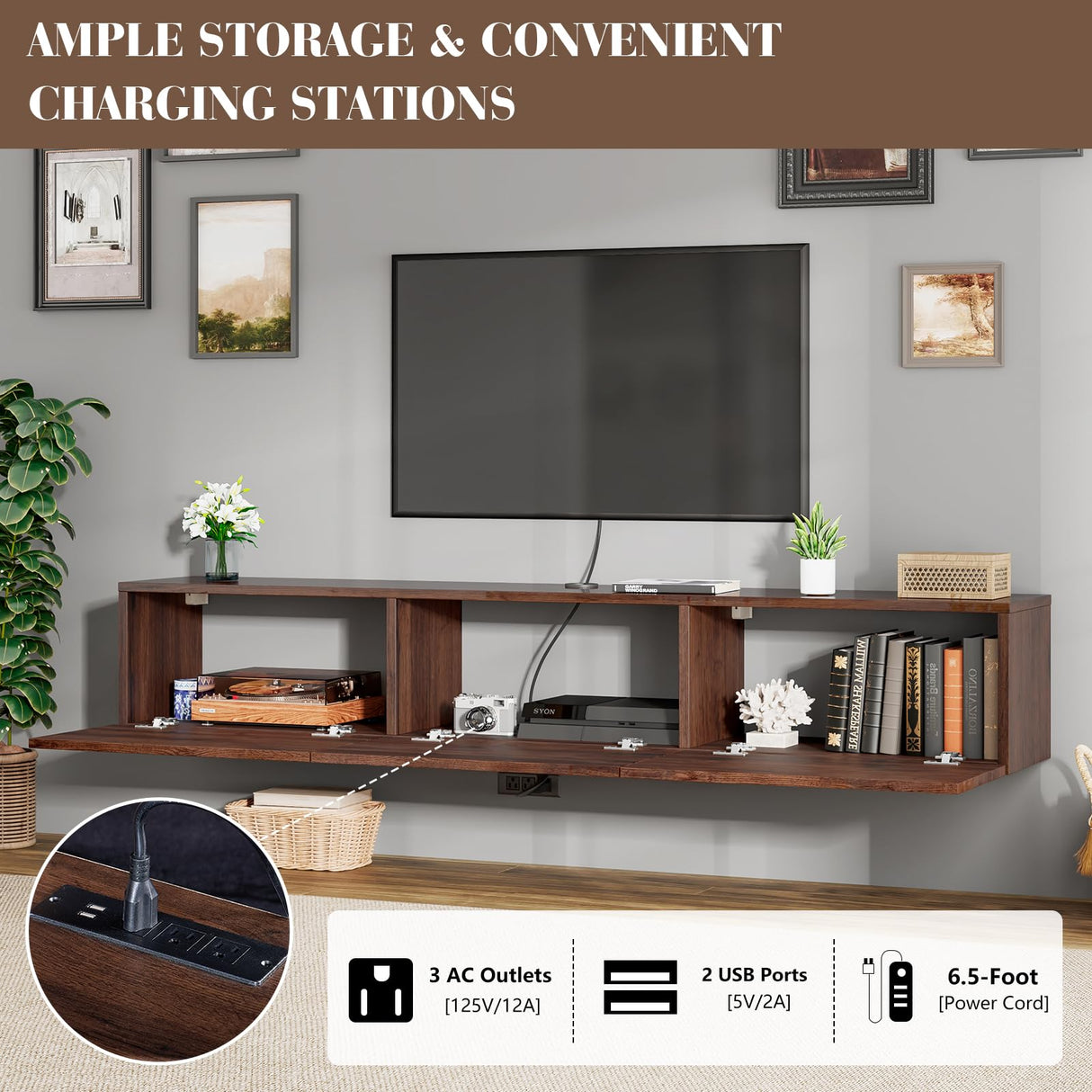 LUXOAK 70" Wall Mounted High Gloss Floating TV Stand with LED Lights & Charging Station,Media Entertainment Center for TVs Up to 80", Modern Woodgrain Floating TV Console for Living Room, Espresso LUXOAK