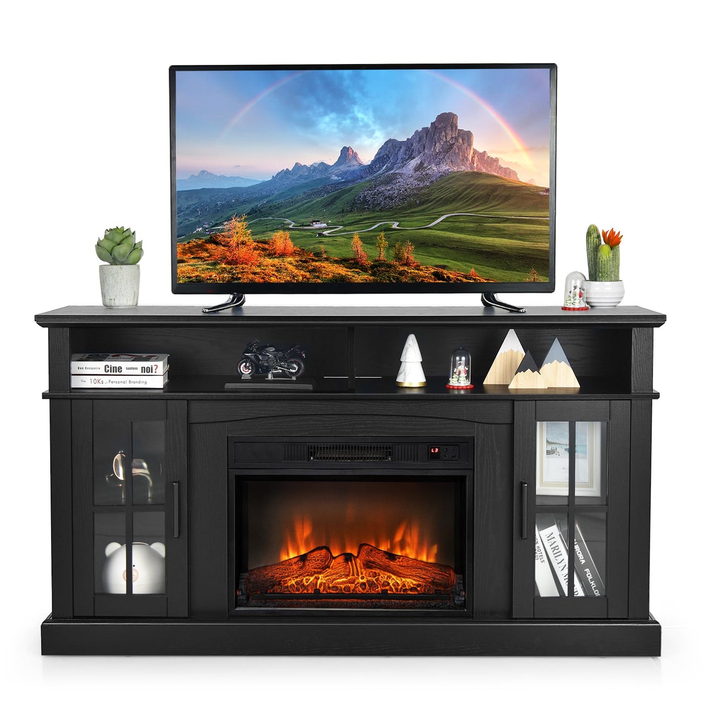 COSTWAY Electric Fireplace TV Stand for TVs Up to 65 Inches, 1400W Heater Insert with Remote Control, 6H Timer, 3-Level Flame, Overheat Protection and CSA Certification, Adjustable Shelves, Black