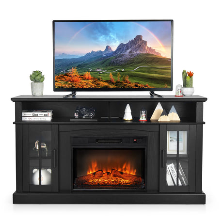 COSTWAY Electric Fireplace TV Stand for TVs Up to 65 Inches, 1400W Heater Insert with Remote Control, 6H Timer, 3-Level Flame, Overheat Protection and CSA Certification, Adjustable Shelves, Black COSTWAY