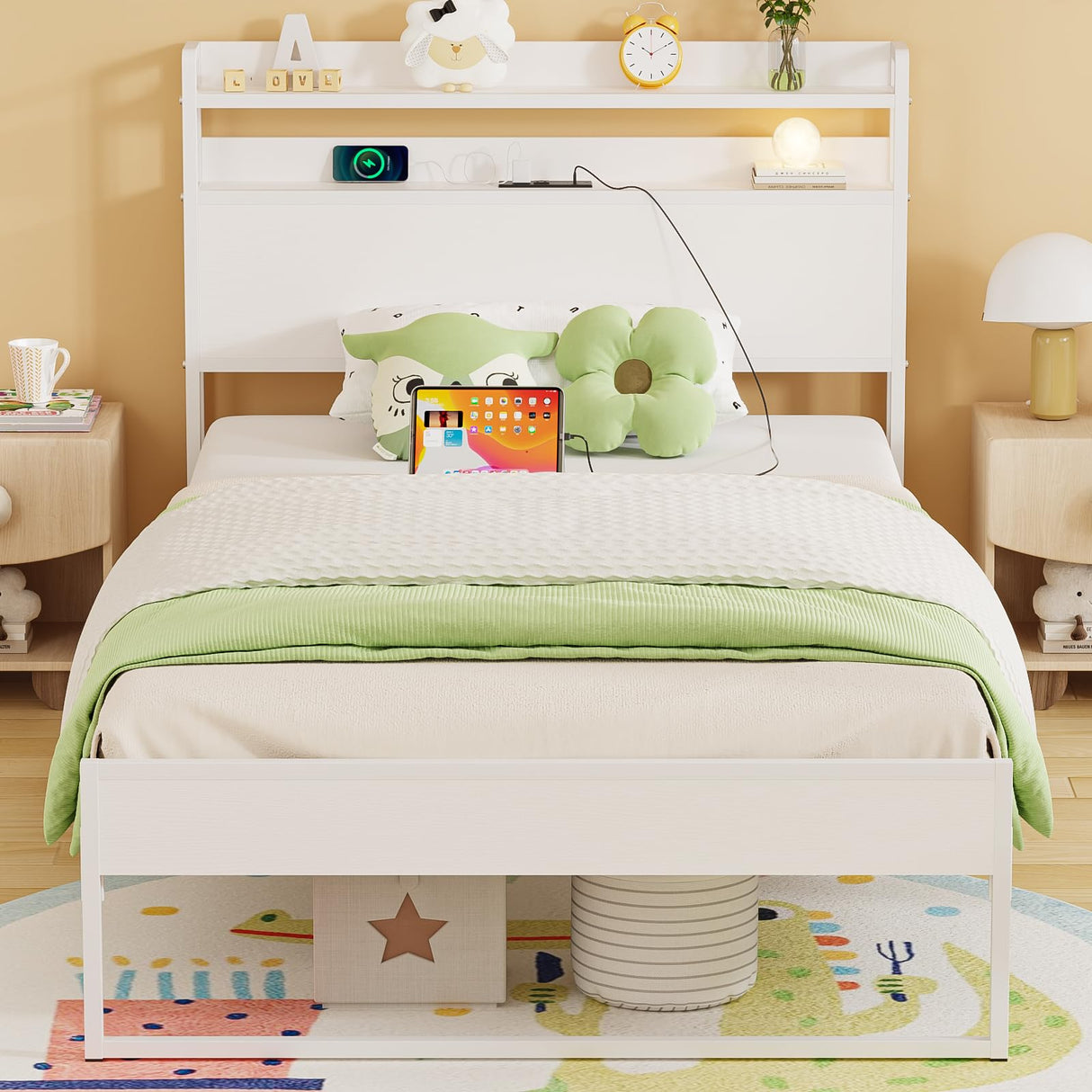 Elephance Twin Bed Frames with Charging Station and Storage Headboard, No Box Spring Needed, Noise Free, Easy Assembly Elephance