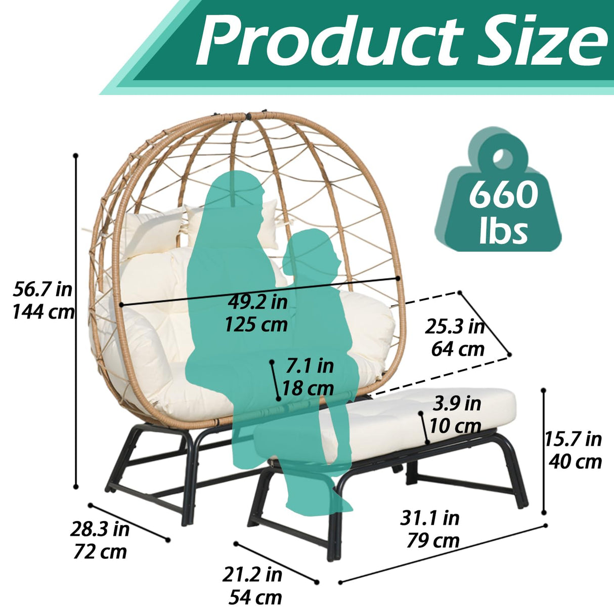 Nevsokio Double Wicker Outdoor Egg Chair,Lounge Chair with Ottoman,Oversized Patio Chair with Footrests,Cushions, Outdoor Indoor Rattan Chair (Rope, White) Nevsokio