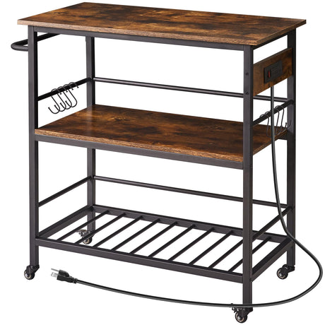 IBUYKE Kitchen Island with 3 Shelves, Island Table for Kitchen with Power Outlet,Kitchen Cart with Large Worktop,Rolling Bar Cart for Home, Outdoor, Kitchen TMJ024H IBUYKE