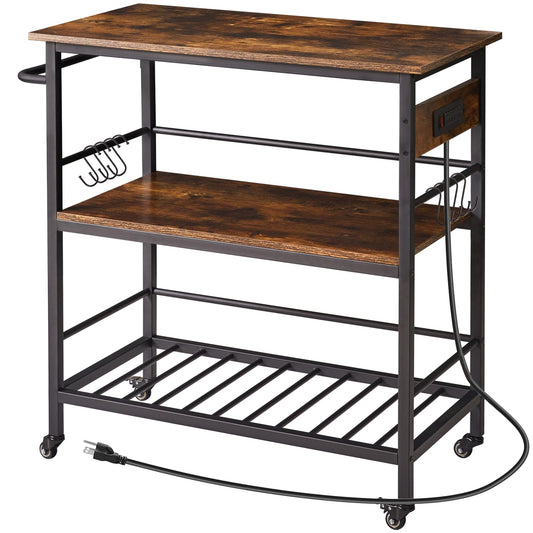 IBUYKE Kitchen Island with 3 Shelves, Island Table for Kitchen with Power Outlet,Kitchen Cart with Large Worktop,Rolling Bar Cart for Home, Outdoor, Kitchen TMJ024H - WoodArtSupply