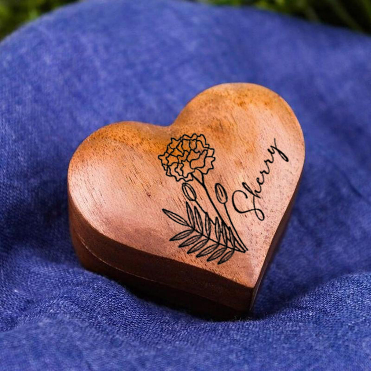 Personalized Wooden Ring Box - Custom Name Date Engraved Ring Bearer Box Wooden Heart Wedding Ring Holder Rustic Jewelry Storage Case for Proposal Wedding Keepsake (Birth Flower) Drawelry
