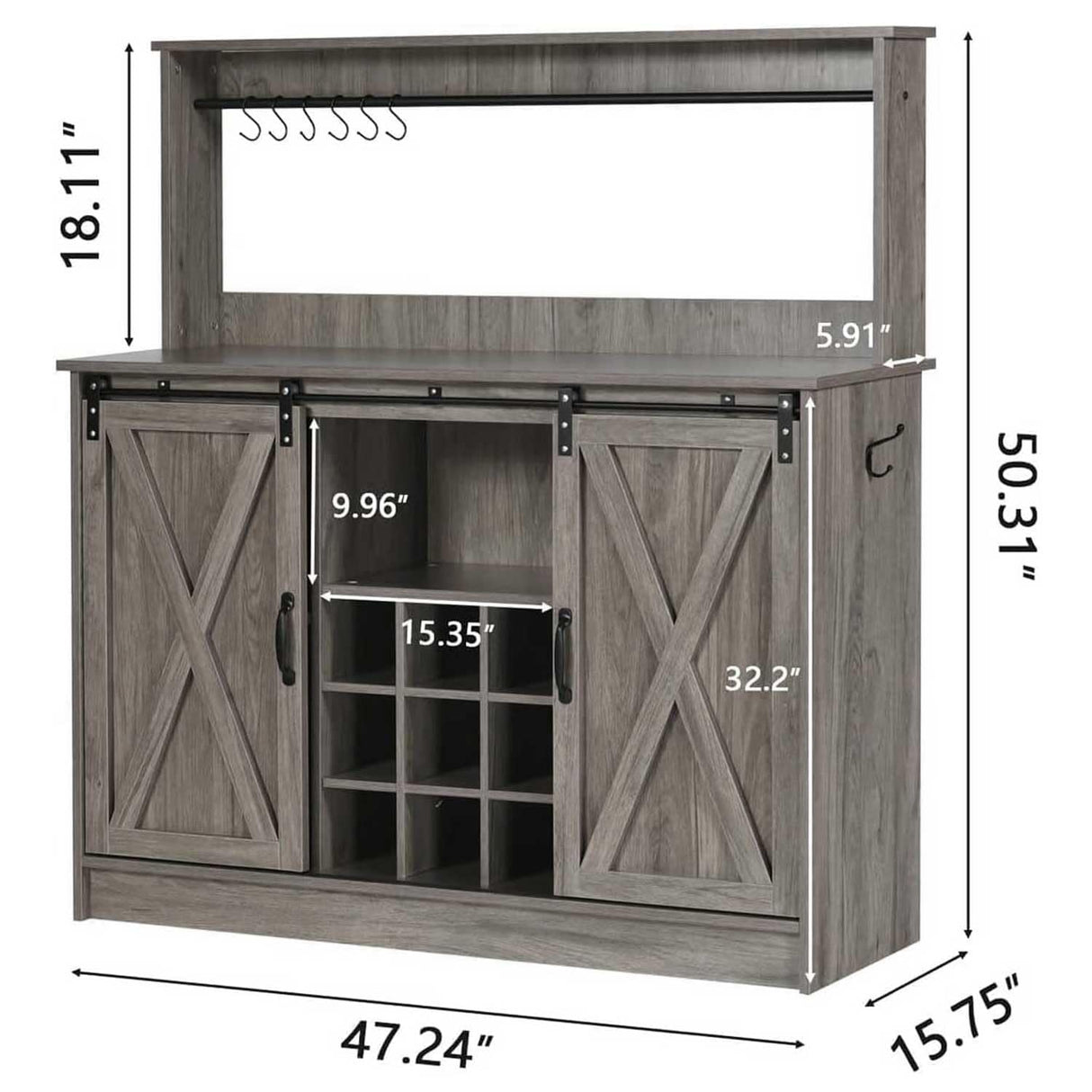 4ever2buy Farmhouse Coffee Bar Cabinet with Sliding Barn Doors, 50 Inch Coffee Bar Hutch with 6 Hooks and 9 Mug Rack, Hutch Cabinet with Storage for Living Room 4ever2buy