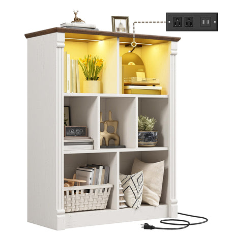 EnHomee 7 Cube Storage Organizer with LED Light and Charging Station Wood Cube Shelf White Bookshelf for Bedroom Living Room,Office,White EnHomee