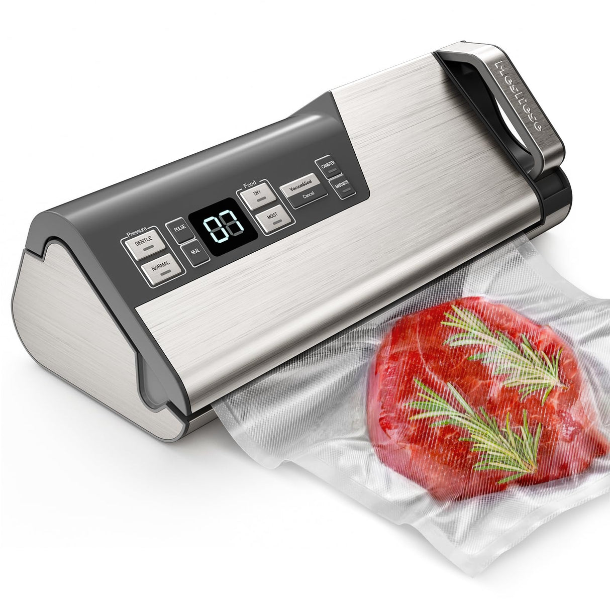 Mesliese Vacuum Sealer Machine, Powerful 95kPa 140W One Hand Operation Food Sealer, Double Seal Strip with Build-in Cutter & Countdown Display, 2 Bag Rolls, 5PCS Pre-cut Bags, PULSE & Marinate Mesliese
