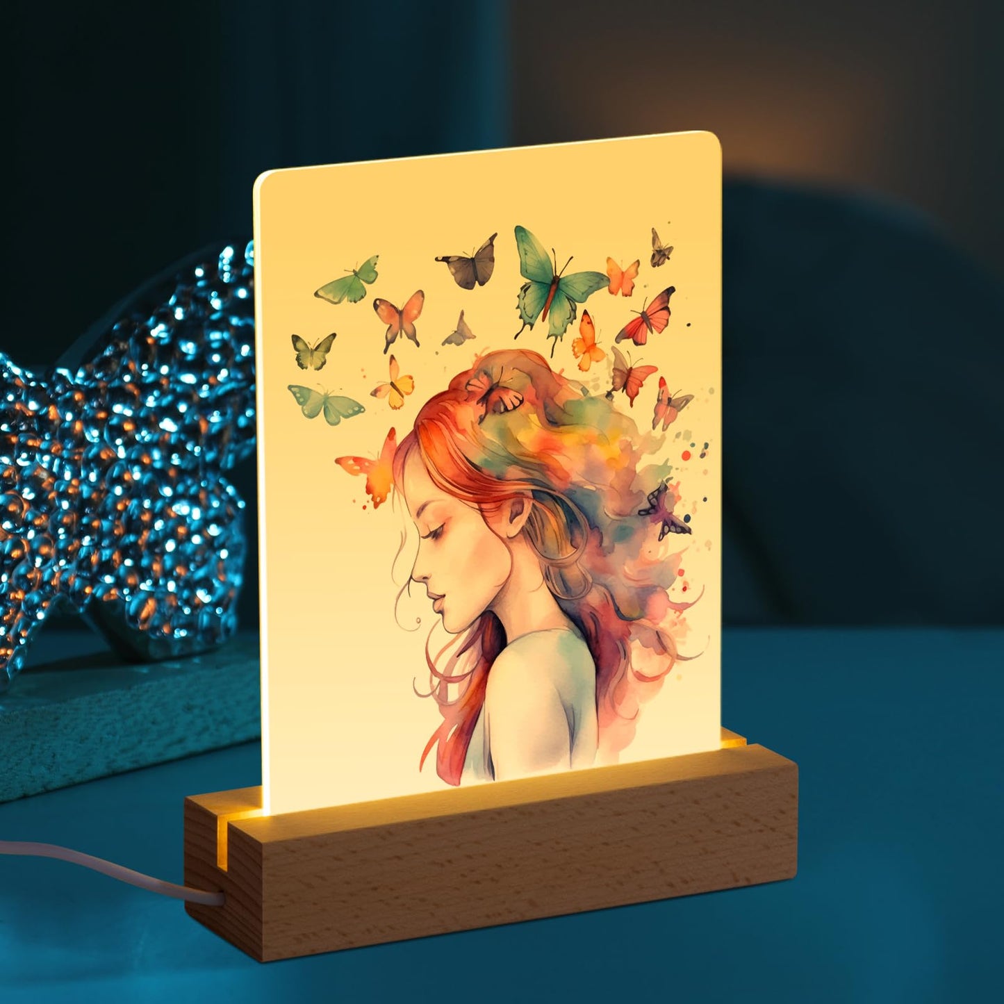 PYD Life 4 Pack Sublimation LED Acrylic Photo Frames Night Lights Blanks 5" x 7" with Warm Color Light,with Wood Stand for Heat Press Machine Printing