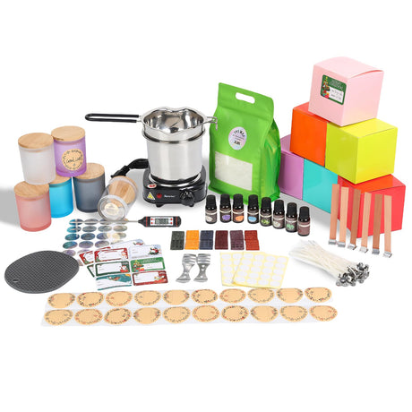 Hehinton Candle Making Kits, Professional Double Boiler Wax Melting Pot for Beginners, Complete DIY Kits with Hot Plate, 2Lbs Natural Soy Wax, Thermometer, Dye, 6 Candle Jars Hehinton